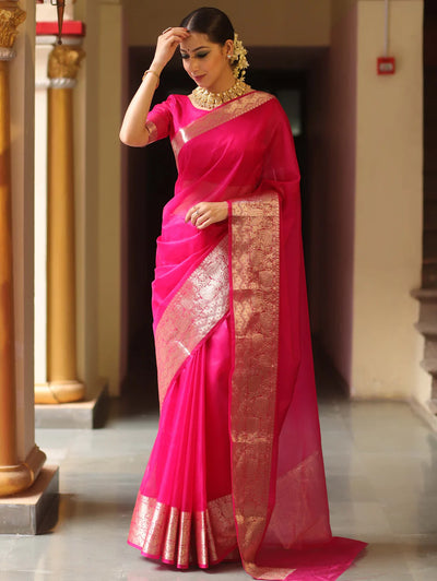 Beautiful Organza jacquard Red Saree With Raw Silk Blouse
