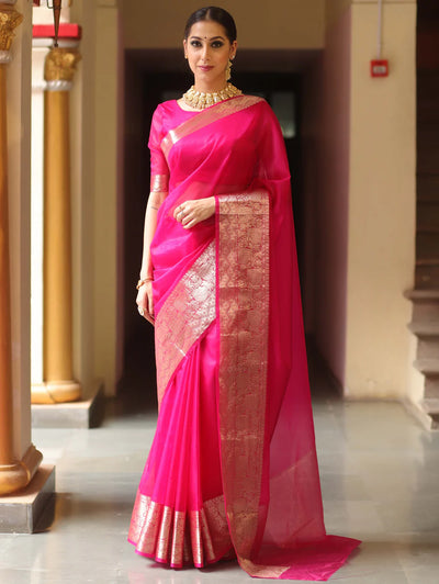 Beautiful Organza jacquard Red Saree With Raw Silk Blouse