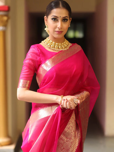Beautiful Organza jacquard Red Saree With Raw Silk Blouse