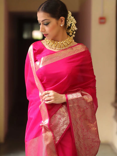 Beautiful Organza jacquard Red Saree With Raw Silk Blouse