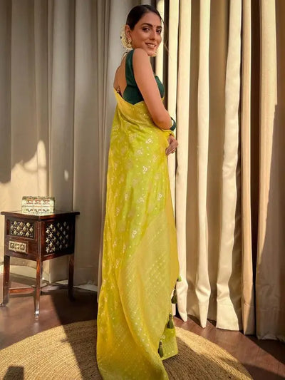 Beautiful Soft Lichi Silk Green Saree With Jacquard Work Throughout With Heavy Brocade Blouse