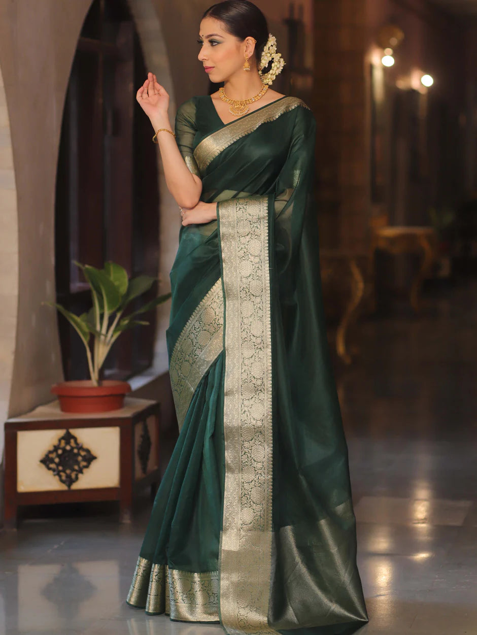 Beautiful Organza jacquard Dark Green Saree With Raw Silk Blouse