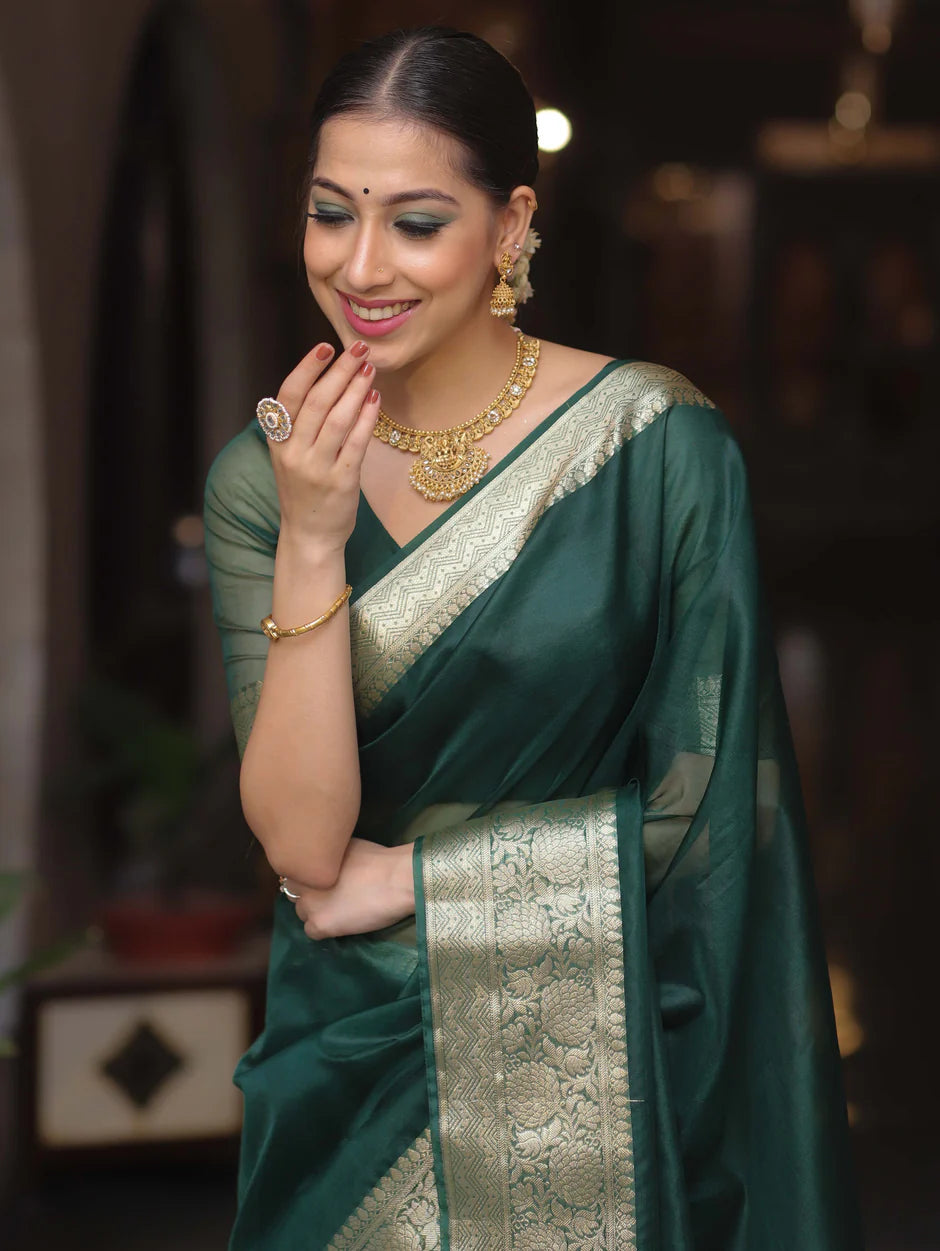 Beautiful Organza jacquard Dark Green Saree With Raw Silk Blouse