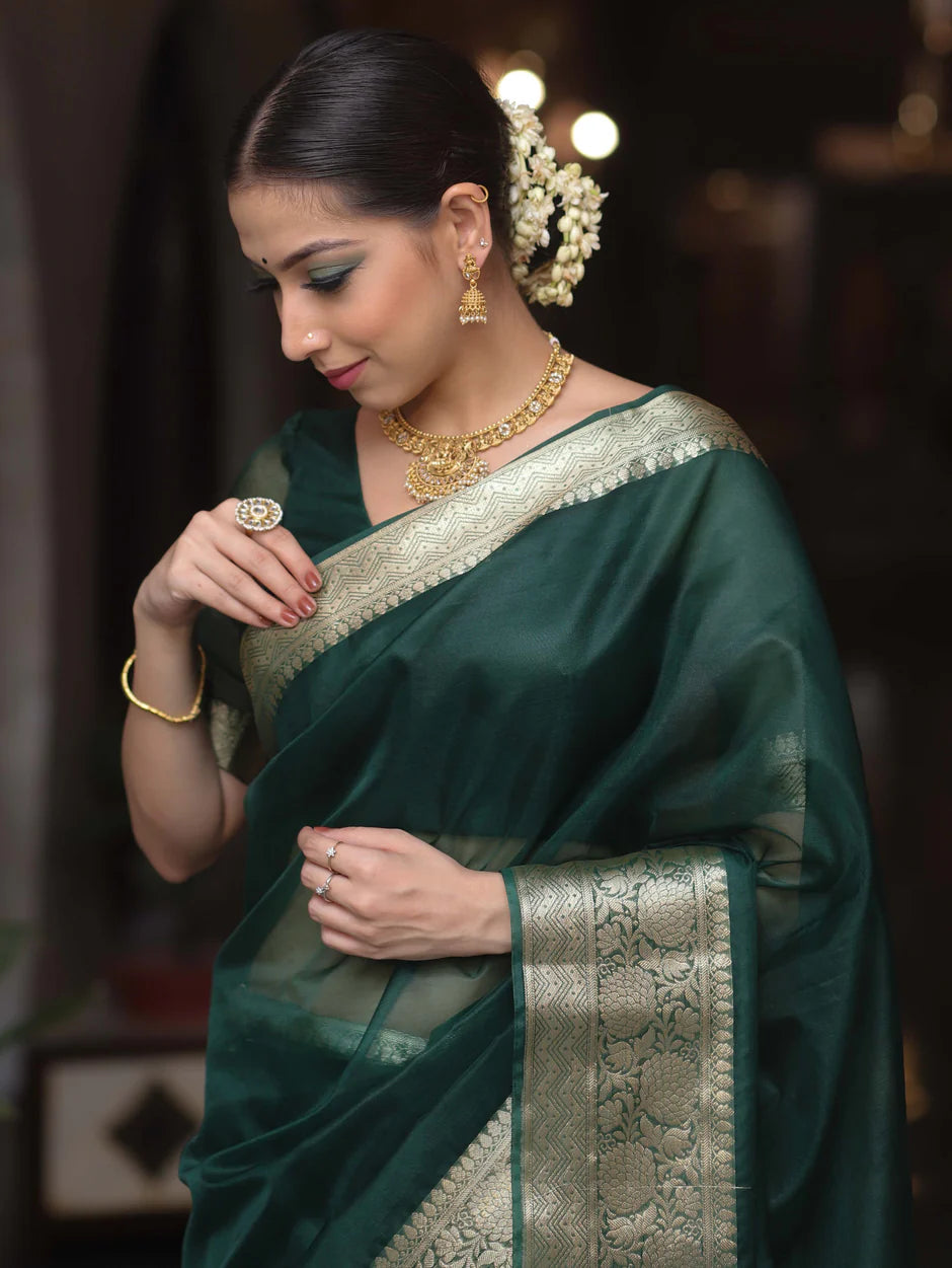 Beautiful Organza jacquard Dark Green Saree With Raw Silk Blouse