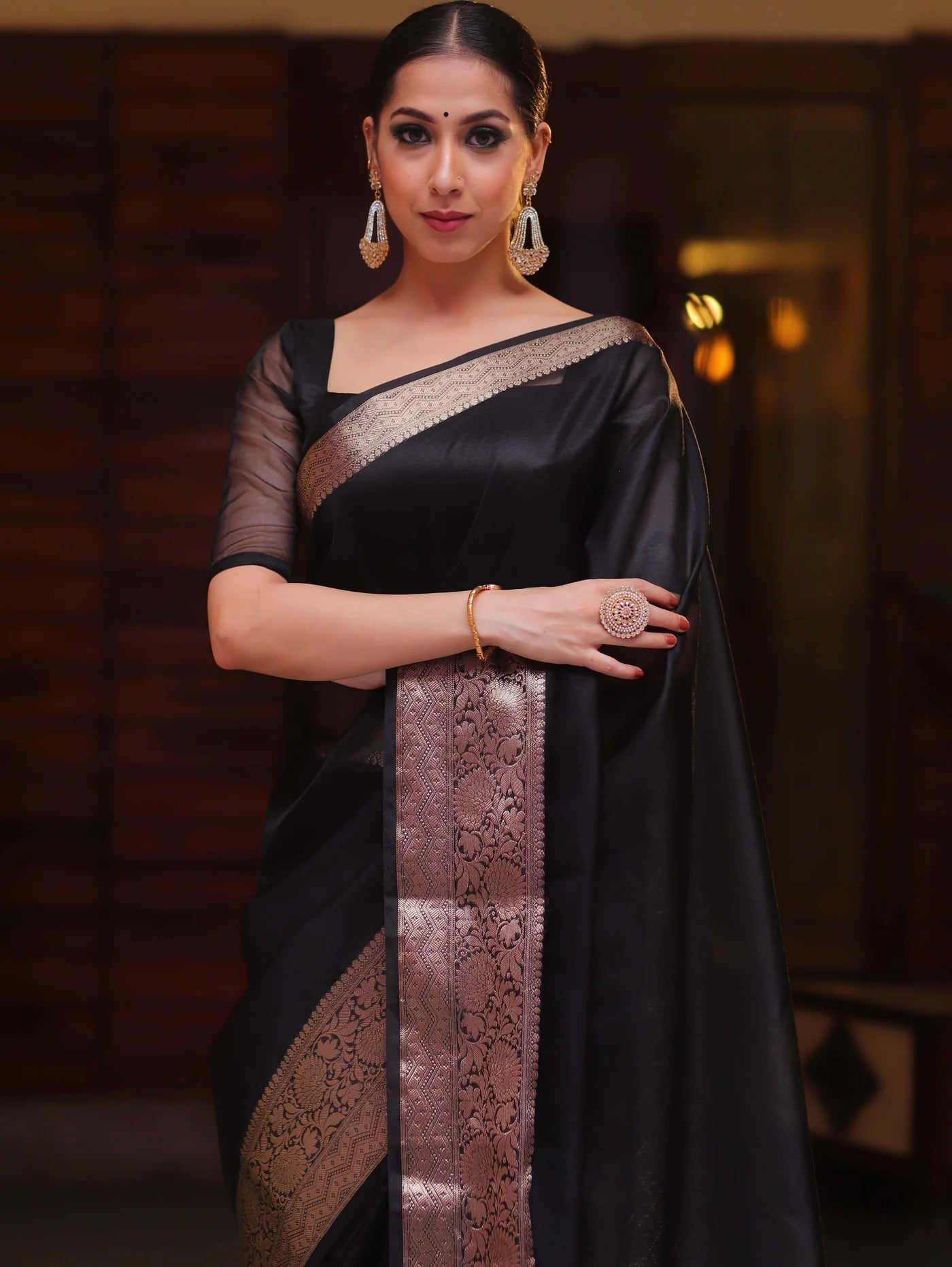 Beautiful Organza jacquard Navy Blue Saree With Raw Silk Blouse