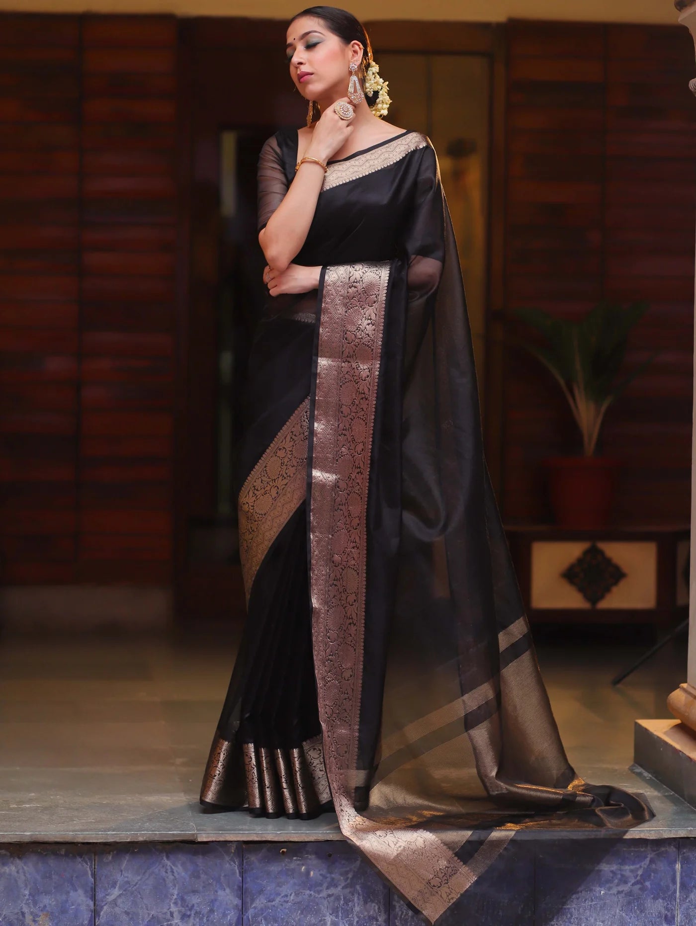 Beautiful Organza jacquard Navy Blue Saree With Raw Silk Blouse
