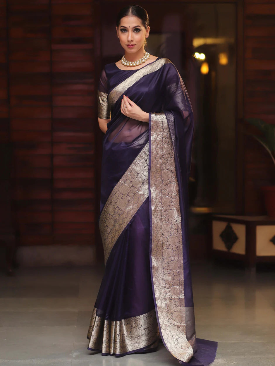 Beautiful Organza jacquard Navy Blue Saree With Raw Silk Blouse