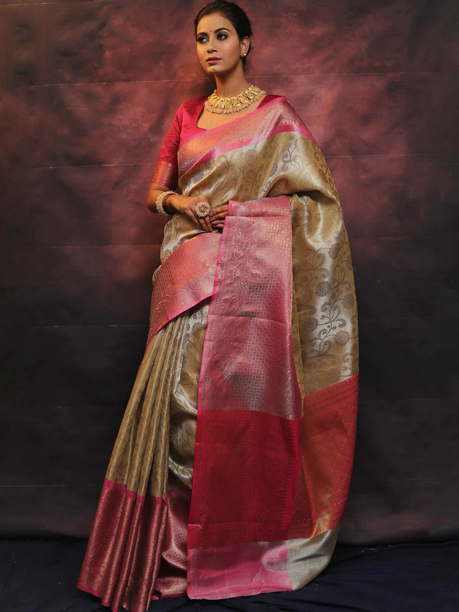 Beautiful Tissue Silk Printed Saree With Unstitched Blouse