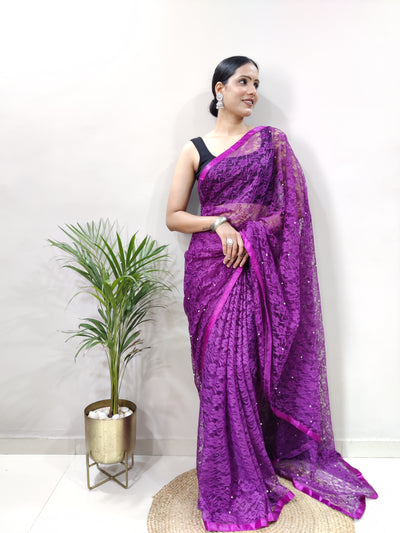 Beautiful Purple Net Brasso Saree With Running Net Blouse