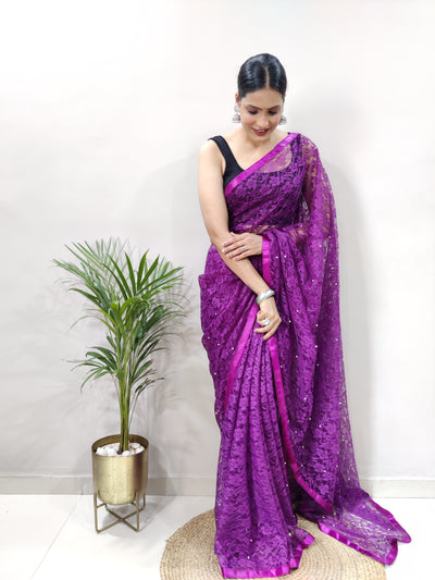 Beautiful Purple Net Brasso Saree With Running Net Blouse