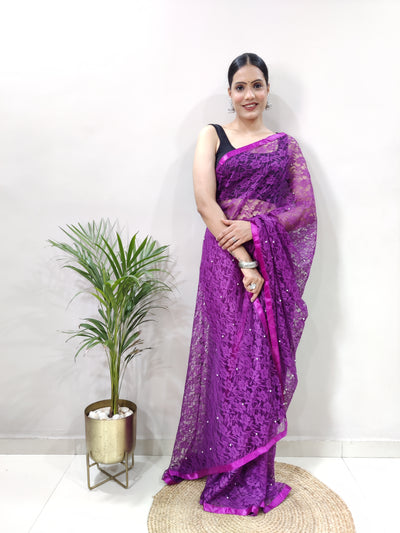 Beautiful Purple Net Brasso Saree With Running Net Blouse