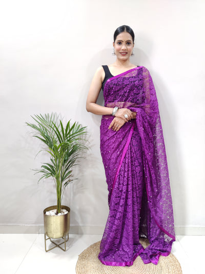 Beautiful Purple Net Brasso Saree With Running Net Blouse