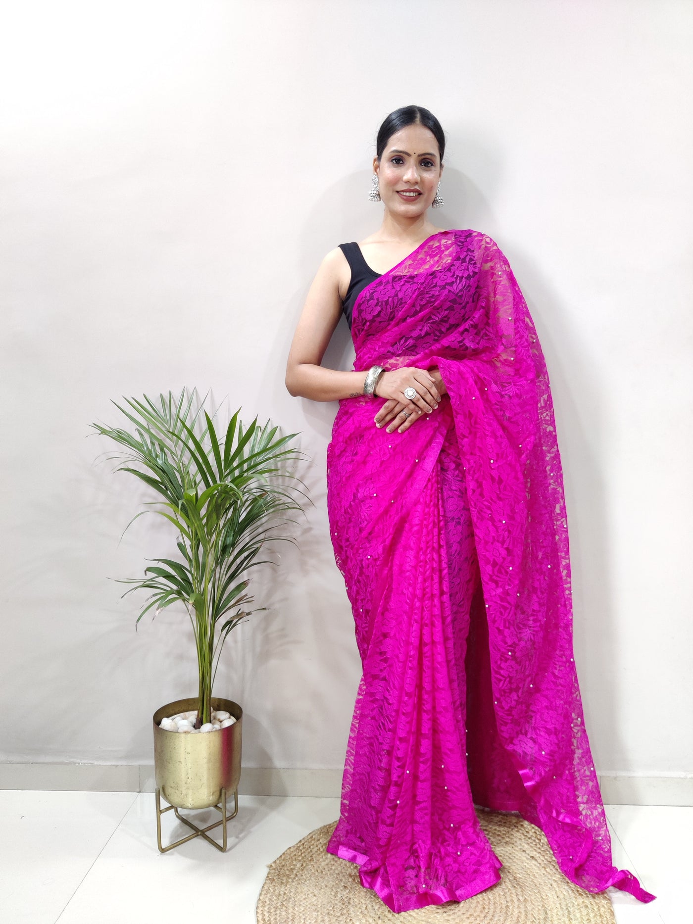 Beautiful Dark Pink Net Brasso Saree With Running Net Blouse