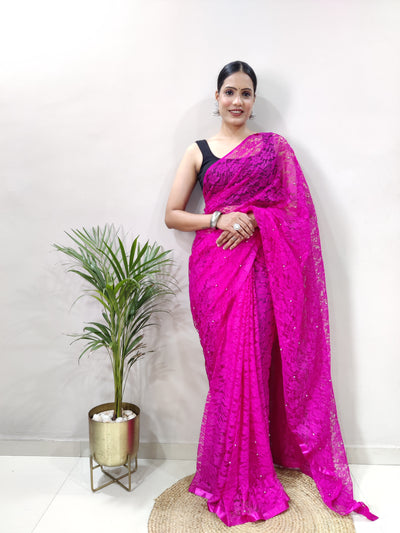 Beautiful Dark Pink Net Brasso Saree With Running Net Blouse
