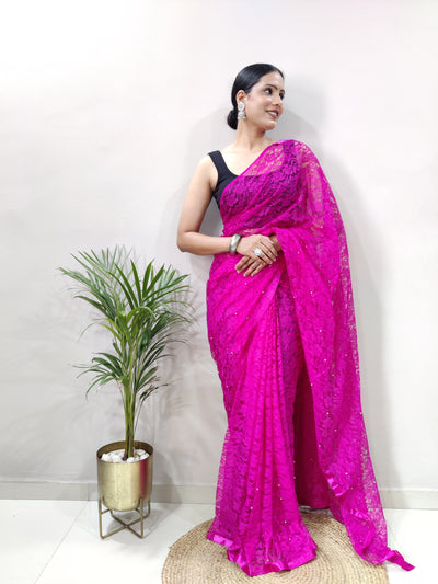 Beautiful Dark Pink Net Brasso Saree With Running Net Blouse