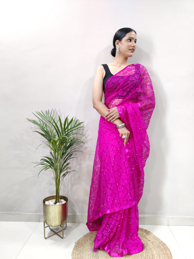 Beautiful Dark Pink Net Brasso Saree With Running Net Blouse