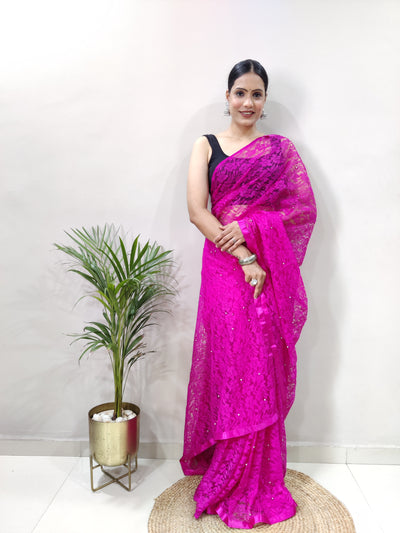 Beautiful Dark Pink Net Brasso Saree With Running Net Blouse
