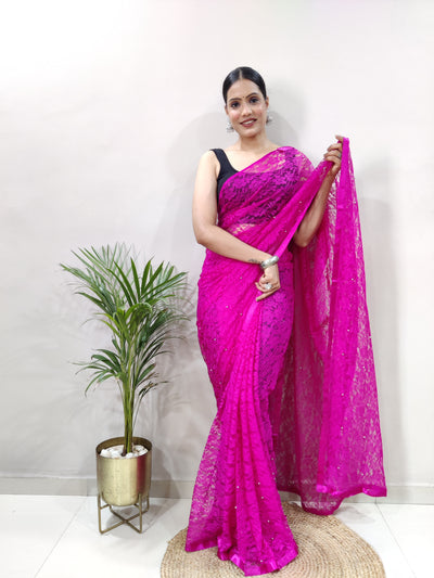 Beautiful Dark Pink Net Brasso Saree With Running Net Blouse
