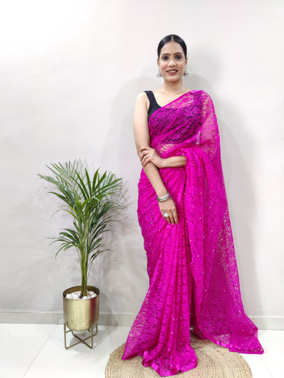 Beautiful Dark Pink Net Brasso Saree With Running Net Blouse
