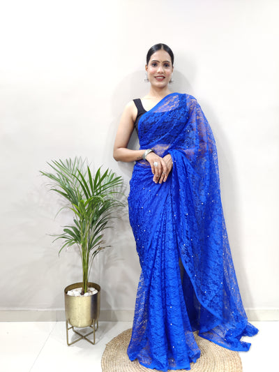 Beautiful Blue Net Brasso Saree With Running Net Blouse