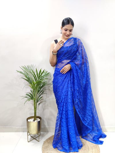 Beautiful Blue Net Brasso Saree With Running Net Blouse