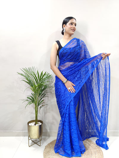 Beautiful Blue Net Brasso Saree With Running Net Blouse