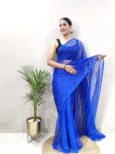 Beautiful Blue Net Brasso Saree With Running Net Blouse