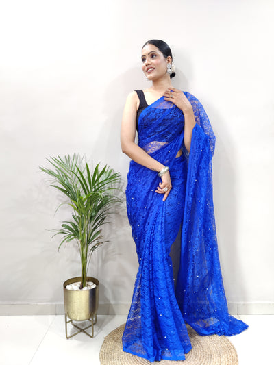 Beautiful Blue Net Brasso Saree With Running Net Blouse