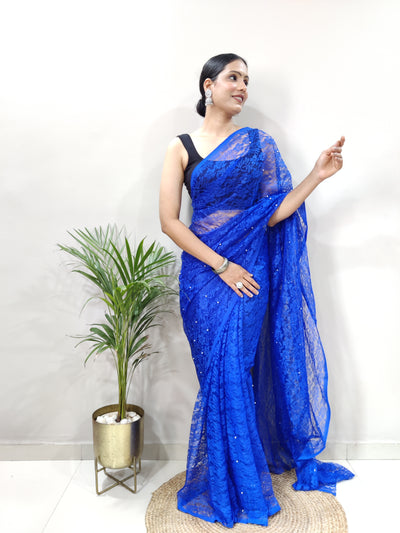 Beautiful Blue Net Brasso Saree With Running Net Blouse