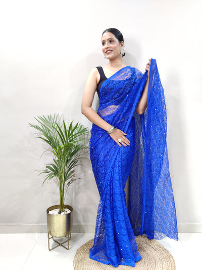 Beautiful Blue Net Brasso Saree With Running Net Blouse