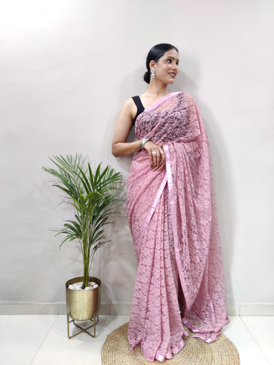 Beautiful Peach Net Brasso Saree With Running Net Blouse