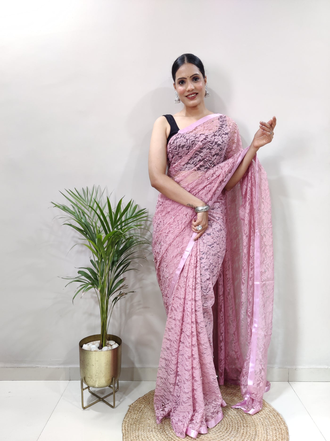 Beautiful Peach Net Brasso Saree With Running Net Blouse