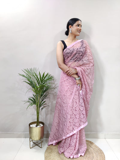 Beautiful Peach Net Brasso Saree With Running Net Blouse