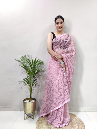 Beautiful Peach Net Brasso Saree With Running Net Blouse