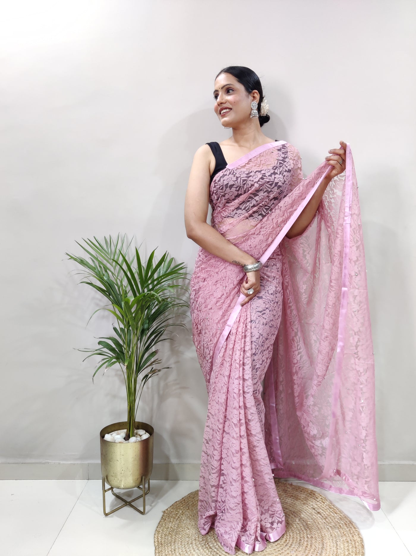 Beautiful Peach Net Brasso Saree With Running Net Blouse