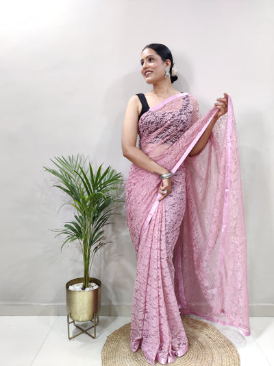Beautiful Peach Net Brasso Saree With Running Net Blouse