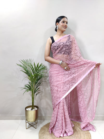 Beautiful Peach Net Brasso Saree With Running Net Blouse
