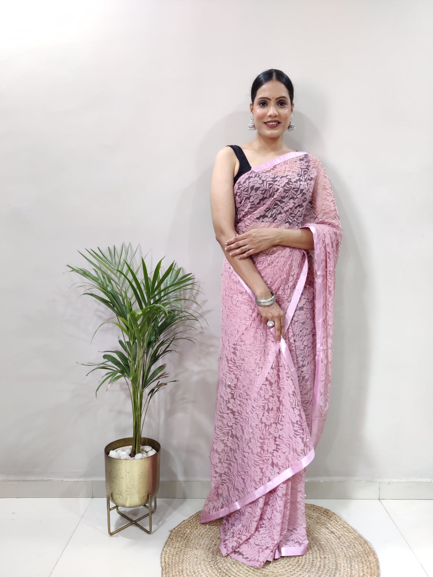 Beautiful Peach Net Brasso Saree With Running Net Blouse