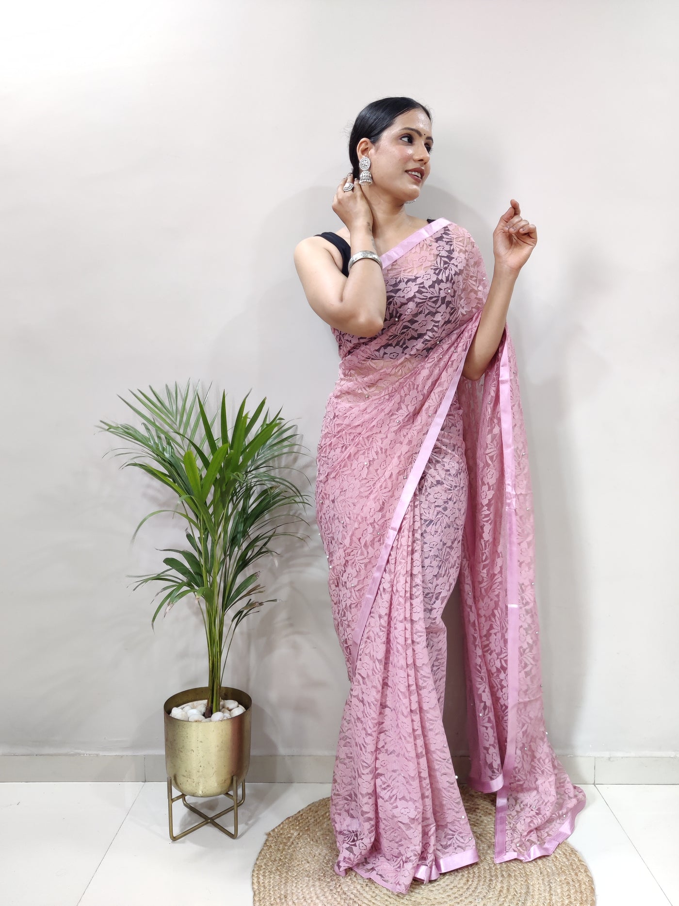 Beautiful Peach Net Brasso Saree With Running Net Blouse