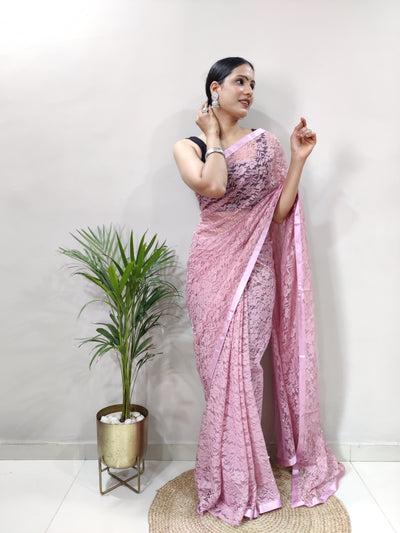 Beautiful Peach Net Brasso Saree With Running Net Blouse