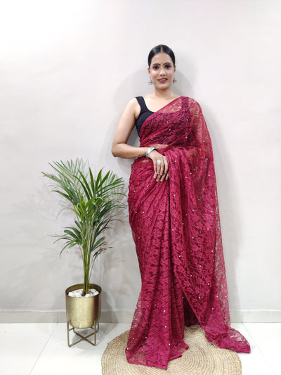 Beautiful Maroon Net Brasso Saree With Running Net Blouse