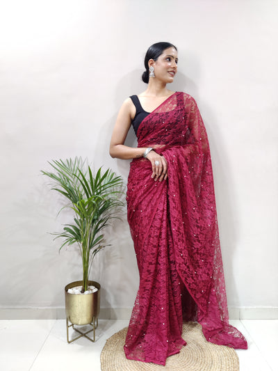 Beautiful Maroon Net Brasso Saree With Running Net Blouse