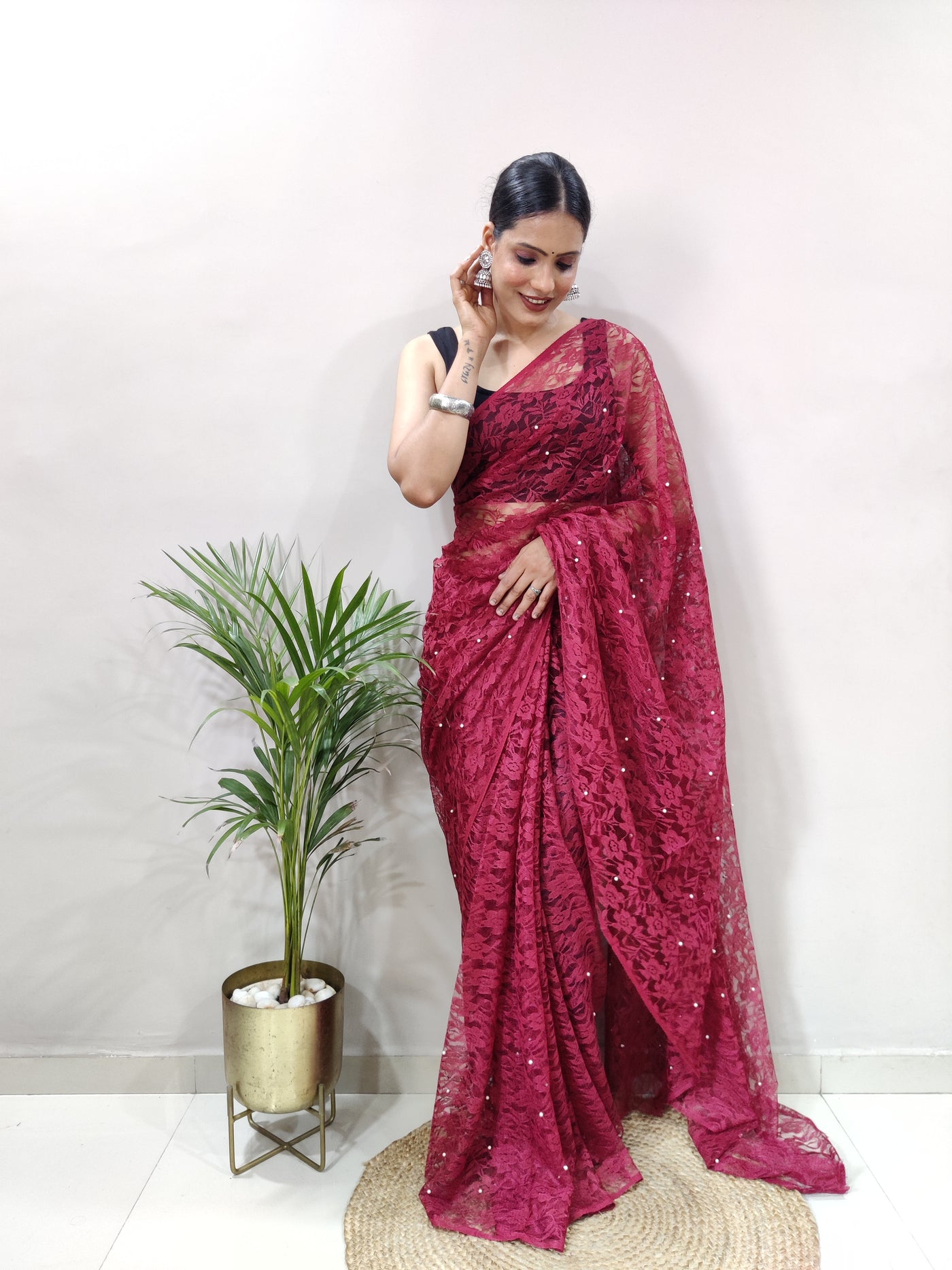 Beautiful Maroon Net Brasso Saree With Running Net Blouse