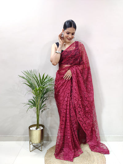Beautiful Maroon Net Brasso Saree With Running Net Blouse