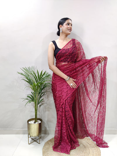 Beautiful Maroon Net Brasso Saree With Running Net Blouse