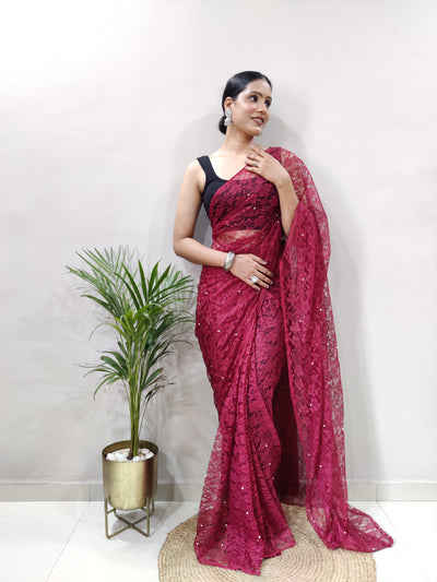 Beautiful Maroon Net Brasso Saree With Running Net Blouse