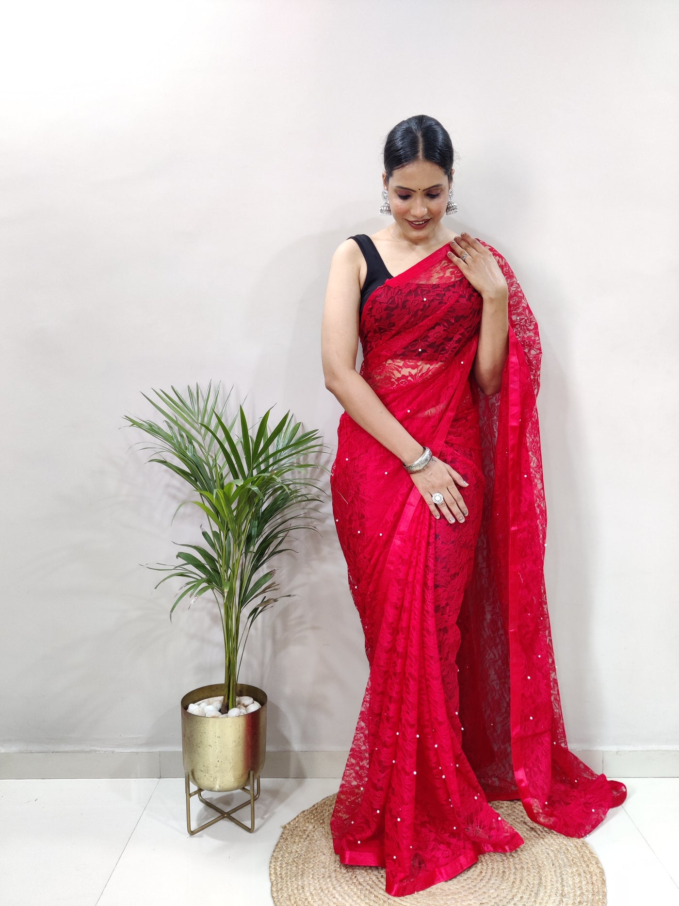 Beautiful Red Net Brasso Saree With Running Net Blouse