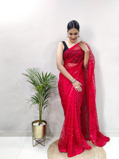 Beautiful Red Net Brasso Saree With Running Net Blouse
