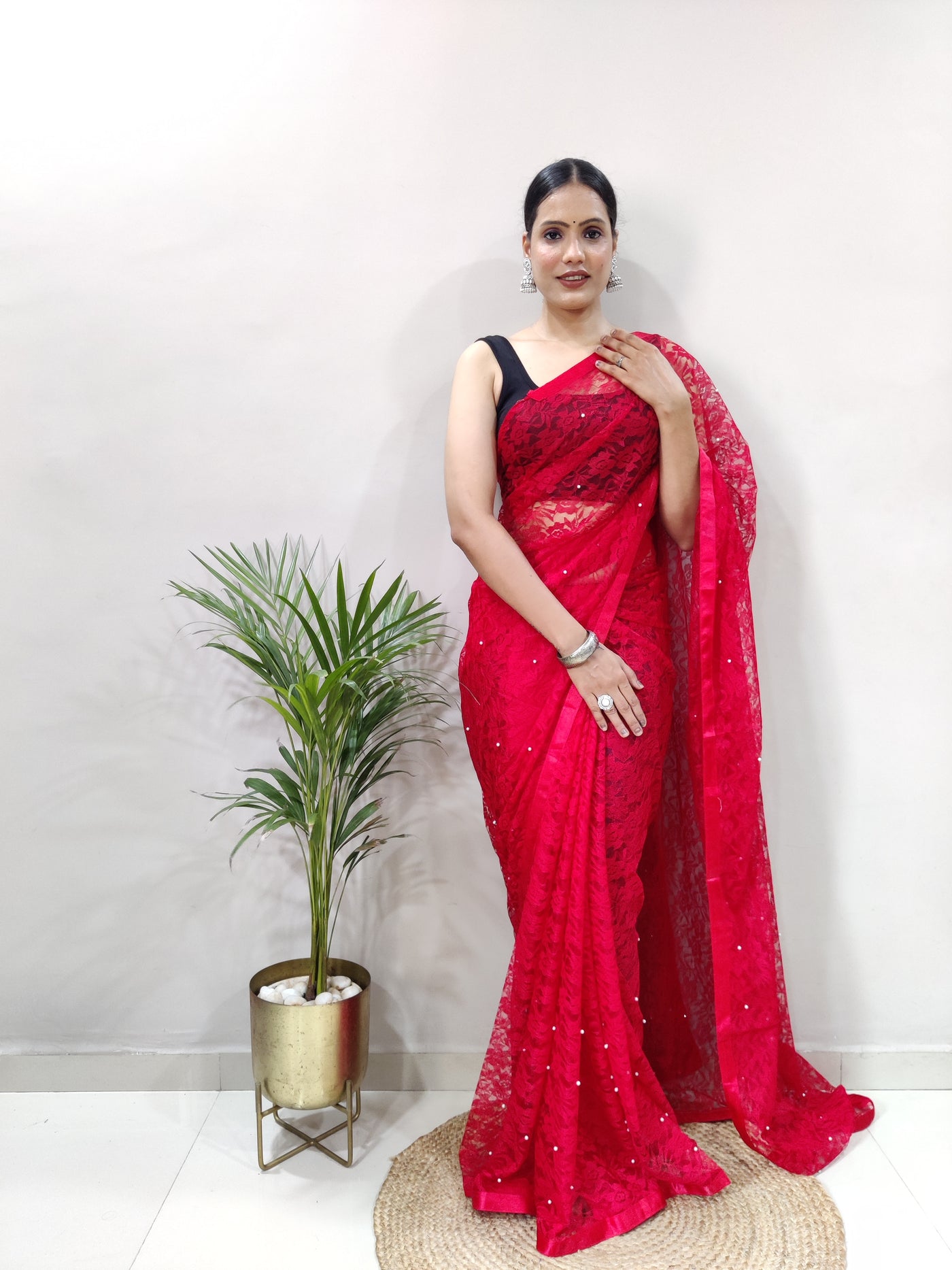 Beautiful Red Net Brasso Saree With Running Net Blouse