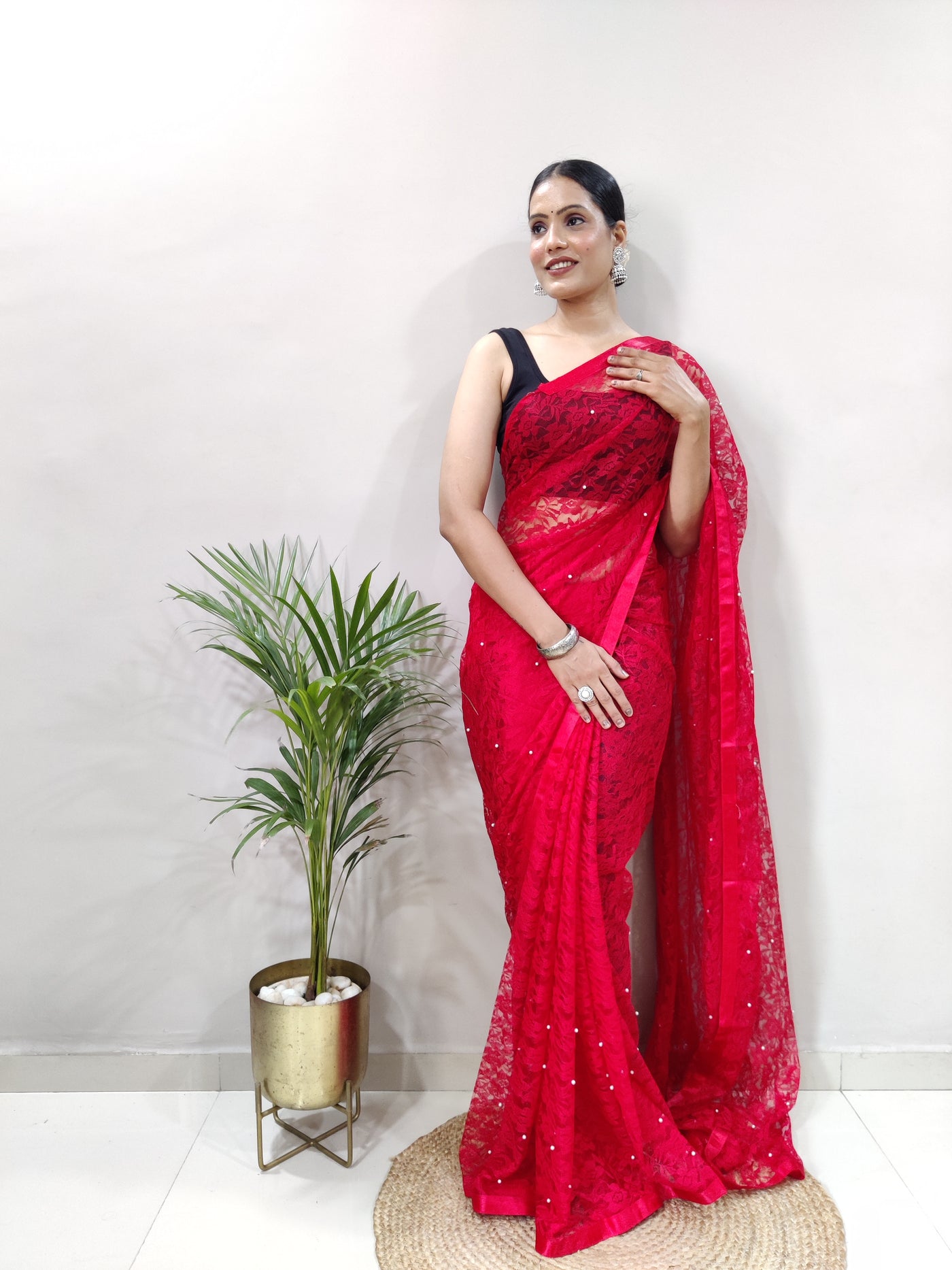 Beautiful Red Net Brasso Saree With Running Net Blouse